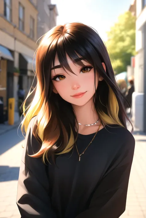 sam yang,
1girl, bangs, black hair, black shirt, blurry, blurry background, bokeh, brown eyes, brown hair, closed mouth, day, depth of field, hair between eyes, half-closed eyes, head tilt, jewelry, lips, long hair, long sleeves, looking at viewer, multicolored hair, necklace, nose, outdoors, shirt, smile, solo, thick eyebrows, two-tone hair, upper body
, ((masterpiece))
<lora:sam_yang_offset:1>