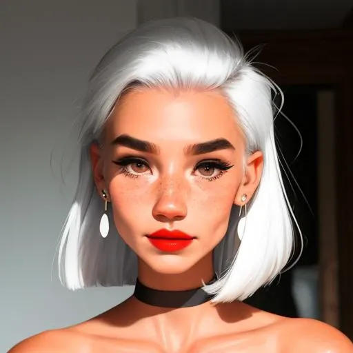 sam yang, 1girl, backlighting, bare shoulders, black choker, blurry, blurry background, blush, breasts, choker, cleavage, closed mouth, collarbone, earrings, forehead, freckles, hair over shoulder, jewelry, long hair, looking down, pointy nose, red lips, shadow, solo, thick eyebrows, thick eyelashes, upper body, white hair
, ((masterpiece)) <lora:samdoesartsSamYang_offsetRightFilesize:1>