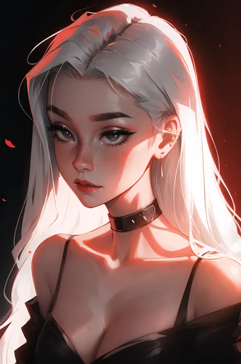 sam yang, 1girl, backlighting, bare shoulders, black choker, blurry, blurry background, blush, breasts, choker, cleavage, closed mouth, collarbone, earrings, forehead, freckles, hair over shoulder, jewelry, long hair, looking down, pointy nose, red lips, shadow, solo, thick eyebrows, thick eyelashes, upper body, white hair , ((masterpiece)) <lora:sam_yang_offset:1>