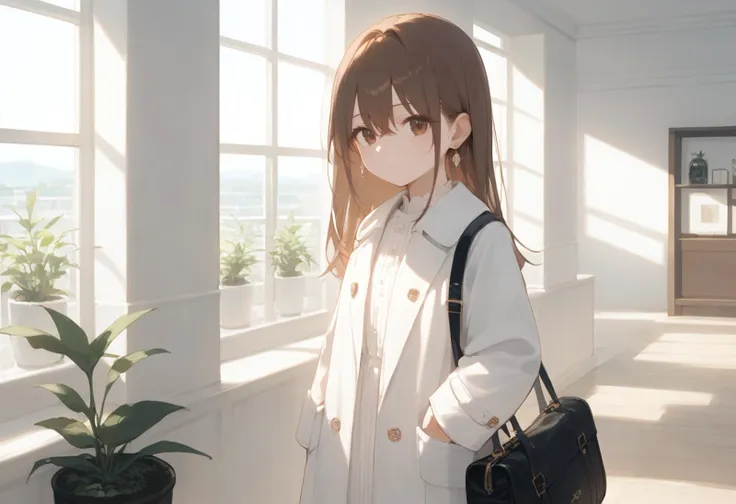 score_9, score_8_up, source_anime, long hair, brown hair, plant, looking at viewer, brown eyes, bag, white coat, long sleeves, indoors, holding, bangs, coat, solo focus, dress, standing,, white dress, 1girl, jewelry, earrings, hair between eyes, open clothes