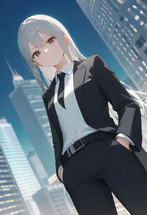 score_9, score_8_up, source_anime
(((from below, depth of field, dutch angle, green lighting))), floating hair, 1girl, solo, formal, hand in pocket, suit, black gloves, building, looking at viewer, black necktie, fingerless gloves, white shirt, city, outdoors, black jacket, belt, black pants, collared shirt, brown eyes, standing, long sleeves, grey hair, cityscape, open jacket, cowboy shot, skyscraper, black suit, night, pant suit, very long hair