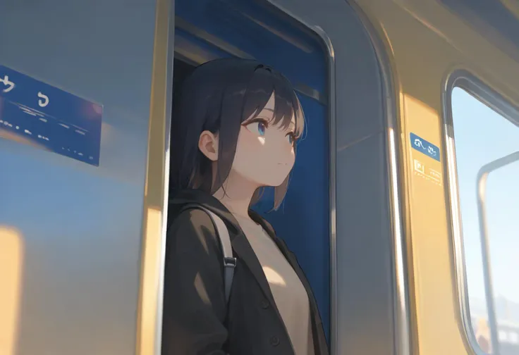 score_9, score_8_up, source_anime
1girl sitting on a subway train, looking to the side, subway car door, from below, solo focus