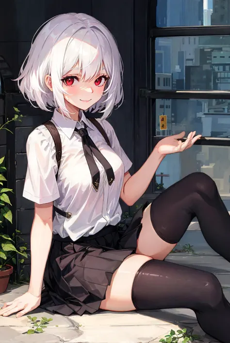 , best quality , 1girl, detailistic,(), <lora:sirius_v1:1> sirius al,short hair,red eyes,white hair ,smile , absurdes ,skirt. tight tights , siting on the ground