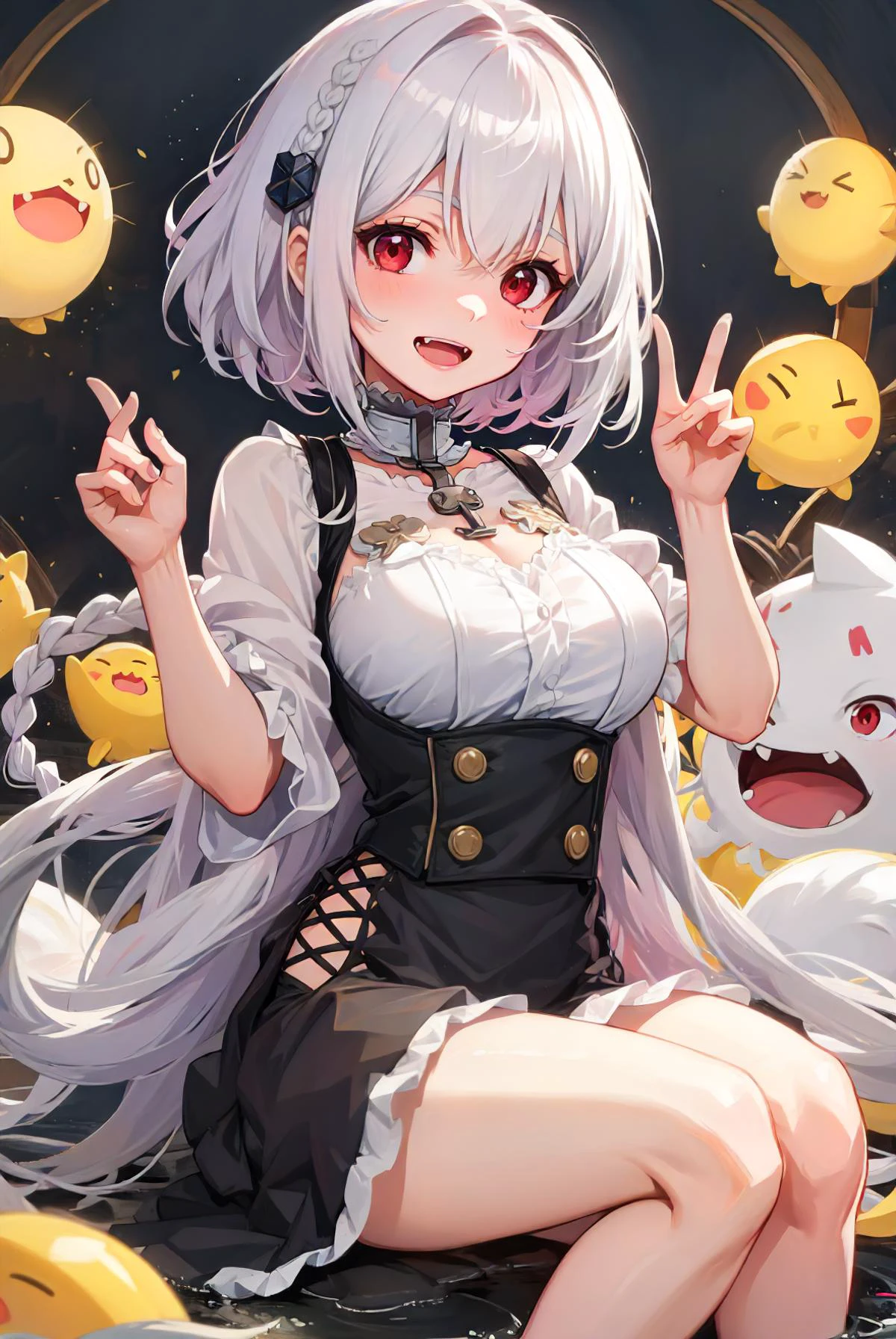 , best quality , 1girl, <lora:sirius_v1:1> sirius al,short hair,red eyes,white hair ,smile , perky , open mouth , fang tooth , multicolored hairs , braids , hair ornament