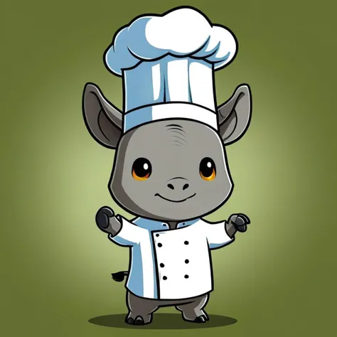 cartoon of Indian Rhinoceros dressed as Chef in (ctswx:1.2) style, cute, chibi, joyous expression, candid pose, glowing Olive background, rim lighting, contrasting colors, <lora:Cute_Tshirt_Style_XL_v5.1-000017:1>