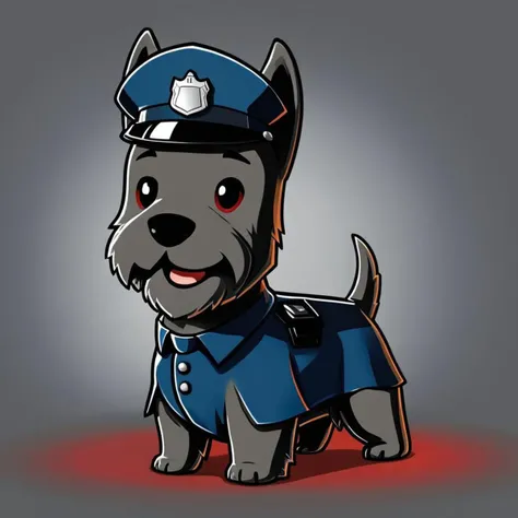 cartoon of Scottish Terrier dressed as Police Officer  in (ctswx:1.2) style, cute, chibi, joyous expression,  candid pose, glowing Ruby background, rim lighting,  contrasting colors,     <lora:Cute_Tshirt_Style_XL_v5.1-000017:1>