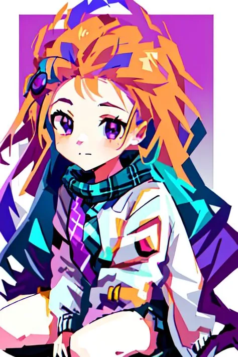 1girl, black skirt, closed mouth, jacket, long sleeves, looking at viewer, necktie, plaid, plaid shirt, purple necktie, 
(disheveled hair),[orange hair:purple buttom hair:0.8],forehead,zoe,long hair,multicolored hair,(colored inner hair:1.1),(gradient hair:1.1), blue and purple  eyes,
shirt,, simple background, skirt, solo, white background, white jacket, ((wdgoodprompt)), highres, (((masterpiece, anime, exceptional))), (solo)
,WPAP Style