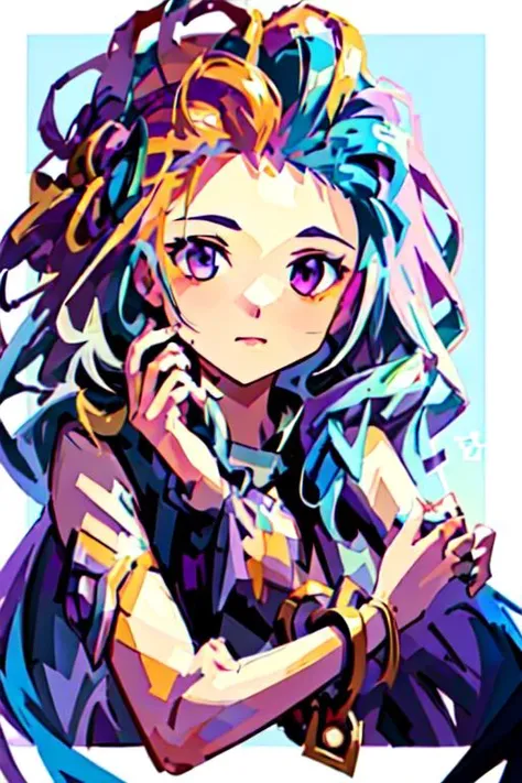((masterpiece)), best quality, (ultra-detailed:1.2), ((illustration)),
 (disheveled hair),[orange hair:purple buttom hair:0.8],forehead,zoe,long hair,multicolored hair,(colored inner hair:1.1),(gradient hair:1.1), blue and purple  eyes,hanfu
,WPAP Style