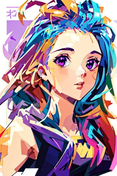 ((masterpiece)), best quality, (ultra-detailed:1.2), ((illustration)),
 (disheveled hair),[orange hair:purple buttom hair:0.8],forehead,zoe,long hair,multicolored hair,(colored inner hair:1.1),(gradient hair:1.1), blue and purple  eyes,hanfu
,WPAP Style
