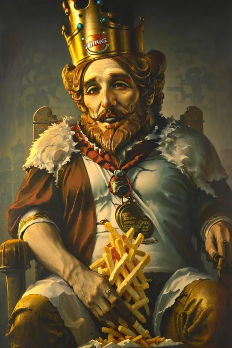 a painting of burgerking mascot "KING" eating a long chicken sandwich while sitting on a pile of bodies, by dzawadzki, (masterpiece), ((4k)), High quality, sitting on a pile of corpses, skulls surrounding background, dark horror, whopper,
burgerking, mascot, 1man, solo, portrait of burgerking mascot sit on king throne, big smile, beard, moustache, vegan propaganda