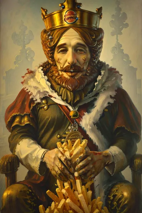 a painting of burgerking mascot "KING" eating a long chicken sandwich while sitting on the iron throne, ((throne made of french fries)), by dzawadzki, (masterpiece), ((4k)), High quality, sitting on a pile of corpses, skulls surrounding background, dark horror, whopper,
burgerking, mascot, 1man, solo, portrait of burgerking mascot sit on king throne, big smile, beard, moustache, vegan propaganda, gluttony, embodiment of gluttony, ((ironthronerv20))