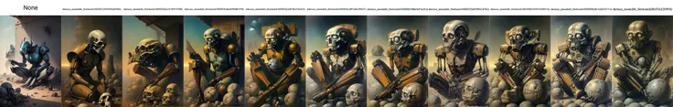 a painting of a robot sitting on a pile of skulls, by dzawadzki