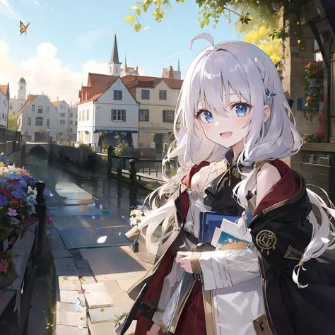 ((masterpiece,best quality,detailed)), 4k,8k,higres, 2girl , <lora:majoNoTabitabiElaina_v20:0.8>, elaina, majo no tabitabi, white hair, ahoge, long hair, braid, blue eyes, shirt, sweater, broom, town, buildings, houses, flowers, butterfly, sunshine, sunlight dapple, :D