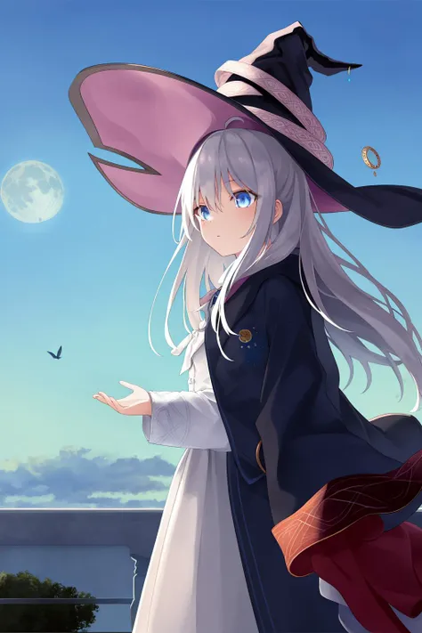 best quality, highly detailed, masterpiece, ultra-detailed, cloud, witch_hat, hat, 1girl, sky, blue_sky,day, long_hair, cloudy_sky, moon,bird, solo, silver_hair, witch, outdoors <lora:elaina_v2:0.9>