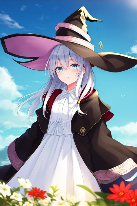 best quality, highly detailed, masterpiece, ultra-detailed, cloud, day, sky, hat, 1girl, blue_sky, cloudy_sky, long_hair, outdoors, witch_hat, blurry_background, black_headwear, dress, horizon, blue_eyes, long_sleeves, looking_at_viewer <lora:elaina_v2:0.9>