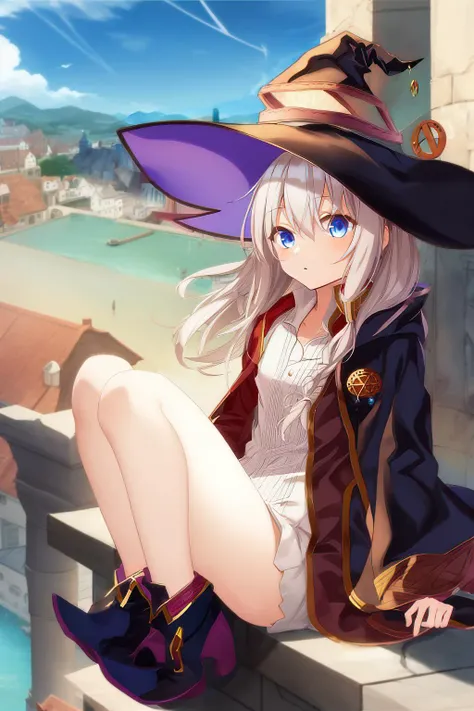 official_character_illustration, epic_mage_girl_character, official_character_art, anime_visual, beautiful, visual_novel_cg, splash_art_anime_cute_ girl,1girl, witch_hat, sitting, ledge, long_hair, witch,<lora:elaina_v2:0.9>
