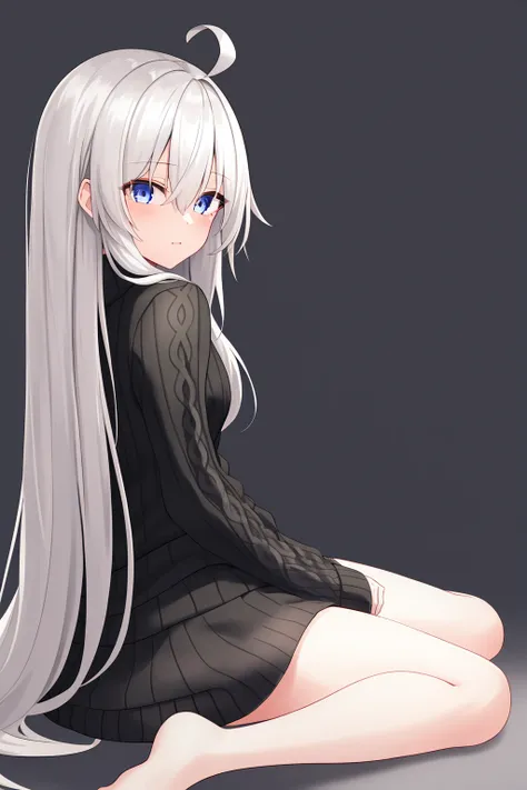 best quality, highly detailed, masterpiece, ultra-detailed, sweater, solo, long_hair, grey_background, 1girl, ahoge, looking_at_viewer, dress, wariza, sitting,<lora:elaina_v2:0.7>