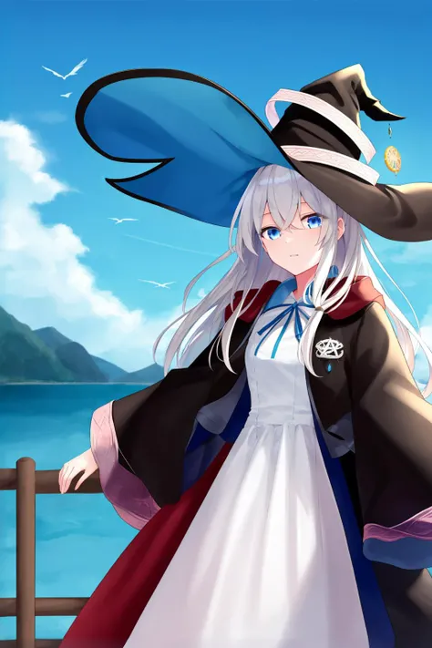 best quality, highly detailed, masterpiece, ultra-detailed, cloud, day, sky, hat, 1girl, blue_sky, cloudy_sky, long_hair, outdoors, witch_hat, blurry_background, black_headwear, dress, horizon, blue_eyes, long_sleeves, looking_at_viewer<lora:elaina_v2:0.9>
