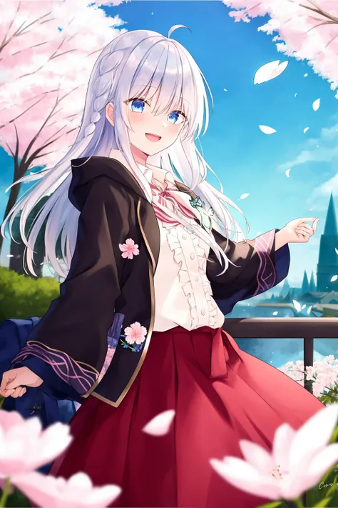 best quality,highly detailed,masterpiece,ultra-detailed,butterfly,flower, petals, blue_butterfly,1girl, braid, open_mouth, long_hair, pink_flower, blurry_background, smile, white_shirt, holding, solo, tree, outdoors, skirt,shirt, cherry_blossoms, looking_at_viewer, silver_hair, day <lora:elaina_v2:0.9>