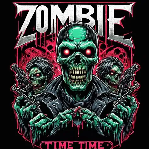 impactful color paint of A Zombie Army, Text "ZOMBIE TIME" , highly detailed, vibrant colors , 8k, sharp, professional, clear, high contrast, high saturated, , vivid deep blacks, crystal clear <lora:Rock_Metal_Style:1>