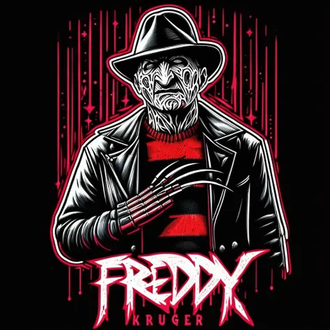 impactful color paint of Freddy KRUEGER, Text "FREDDY" , highly detailed, vibrant colors , 8k, sharp, professional, clear, high contrast, high saturated, , vivid deep blacks, crystal clear <lora:Rock_Metal_Style:1>