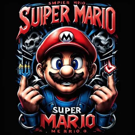 impactful color paint of Mario, Text "SUPER MARIO" , highly detailed, vibrant colors , 8k, sharp, professional, clear, high contrast, high saturated, , vivid deep blacks, crystal clear, <lora:Rock_Metal_Style:1>
