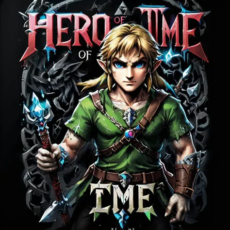 impactful color paint of Link from Zelda, Text "HERO OF TIME" , highly detailed, vibrant colors , 8k, sharp, professional, clear, high contrast, high saturated, vivid deep blacks, crystal clear, <lora:Rock_Metal_Style:1>