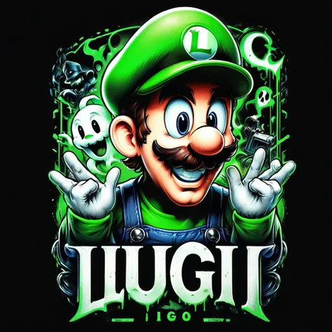 impactful color paint of  Luigi and a Ghost,  Text "LUIGI" , highly detailed, vibrant colors , 8k, sharp, professional, clear, high contrast, high saturated, vivid deep blacks, crystal clear, <lora:Rock_Metal_Style:1>