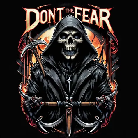 impactful color paint of  a gritty version of a reaper holding a scythe,  Text "DON'T FEAR THE REAPER" , highly detailed, vibrant colors , 8k, sharp, professional, clear, high contrast, high saturated, vivid deep blacks, crystal clear, <lora:Rock_Metal_Style:1>