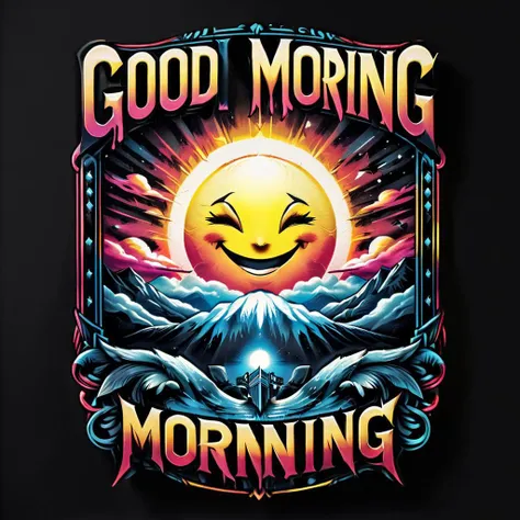 impactful color paint of  a smiling sunrise,  (Text "GOOD MORNING") , highly detailed, vibrant colors , 8k, sharp, professional, clear, high contrast, high saturated, , vivid deep blacks, crystal clear, <lora:Rock_Metal_Style:1>
