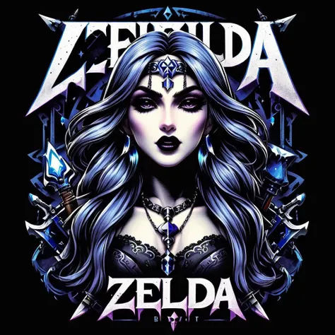 impactful color paint of a goth Zelda with black lipstick,  Text "ZELDA", highly detailed, vibrant colors , 8k, sharp, professional, clear, high contrast, high saturated, vivid deep blacks, crystal clear, <lora:Rock_Metal_Style:1>