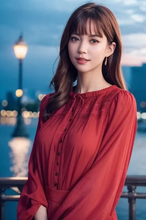 1girl,(wearing a red blouse:1.2),(RAW photo, best quality), (realistic, photo-realistic:1.4), masterpiece, an extremely delicate and beautiful, extremely detailed, 2k wallpaper, Amazing, finely detail, extremely detailed CG unity 8k wallpaper, ultra-detailed, highres, soft light, beautiful detailed girl, extremely detailed eyes and face, beautiful detailed nose, beautiful detailed eyes,cinematic lighting,city lights at night,perfect anatomy,slender body,smiling  <lora:elaineho_lora:0.7>