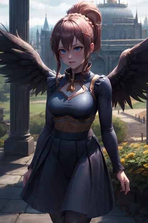 cinematic film still best quality, highres, 1girl, long hair, blonde hair, x hair ornament, blue eyes, ponytail, hair ornament, darkness \(konosuba\), 26 years old, cowboy shot, castle, outdoors, modern clothes, new top, new skirt, <lora:add_detail:0.4>, engels wings, charturnerv2, <lora:yudedako_v200:0.4>, <lora:skyline-15:1> skyline, <lora:darkness (konosuba)_v10:0.4> , . shallow depth of field, vignette, highly detailed, high budget, bokeh, cinemascope, moody, epic, gorgeous, film grain, grainy