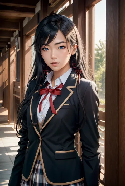 aayukino, long hair,ahoge,hair ribbon,blue eyes, small breasts, flat,<lora:ЮкиноÑиÑа Юкино OreGairu(aayukino, long hair,ahoge,hair ribbon,blue eyes, small breasts, flat(Ñм 2 одеждÑ):0.7>school uniform, neck ribbon, collared shirt, blazer, black jacket, long sleeves, plaid skirt, black thighhighs, 1girl in full growth, best quality, masterpiece, ultra-detailed, high quality, perfect nose, highly detailed skin, warm skin tone, defiance512, RAW photo, best quality, high resolution, (masterpiece), dreamlike, dreamy, modelshoot style, analog style, tonemapping, photorealistic, professional photography, sharp focus, HDR, 8K resolution, intricate detail, sophisticated detail, hyper detailed, (depth of field), highlight and shadow, volumetric lighting, cinematic bloom, professional light, looking at viewer, blotchy,