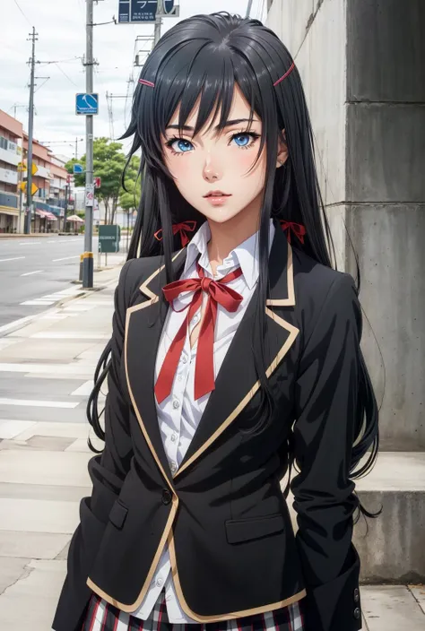 aayukino, long hair,ahoge,hair ribbon,blue eyes, small breasts, flat,<lora:ЮкиноÑиÑа Юкино OreGairu(aayukino, long hair,ahoge,hair ribbon,blue eyes, small breasts, flat(Ñм 2 одеждÑ):0.7>school uniform, neck ribbon, collared shirt, blazer, black jacket, long sleeves, plaid skirt, black thighhighs, anime style, anime colors,detailed anime,animeHD, anime eyes, bigger eyes, high quality anime, large anime pupils, 1girl (in full growth), best quality, masterpiece, ultra-detailed, high quality,perfect anatomy, (perfect full body), (detailed full body), good eyes, perfect face, pretty face,(beautiful and aesthetic:1.2),beautiful eyes, anime eyes, detailed eyes,Exquisite visuals, high-definition