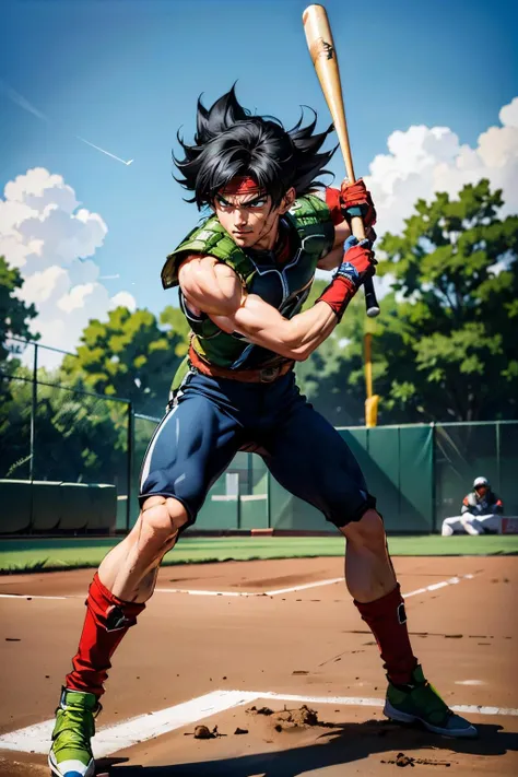 bardock, black hair, spiky hair, headband, sayan armor, looking at viewer, serious, smirk,
d\standing on a baseball field, playing baseball, swinging bat, at home base, extreme detail, hdr, <lora:dragonball_bardock:.7>