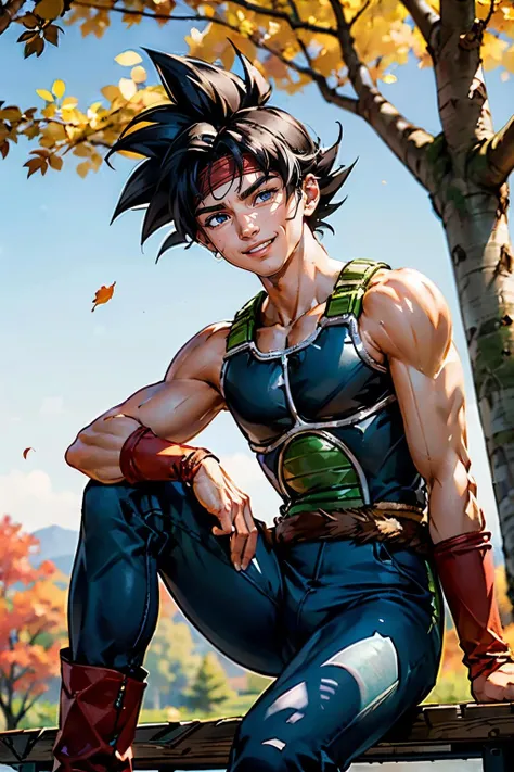 bardock, black hair, spiky hair, headband, saiyan armor, looking at viewer, serious, smiling, teeth,
sitting, on picnic table, hand on knee, outside, park, trees, autumn, blue sky, extreme detail, hdr, <lora:dragonball_bardock:.7>