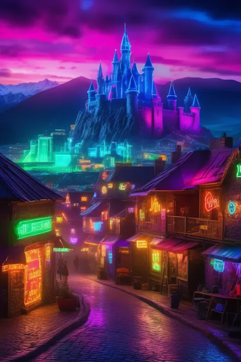 an extreme fantasy neon punk town, Neon lights, fantasy village, wide cobble stone road, background has extreme neon lights, vibrant colors, common castle in background, Ultra Realistic, Extreme Realism, A Vivid UHD Photograph, 8K, extremely detailed, photorealism, masterpiece, best quality, amazing, intricate, sharp focus, cinematic,