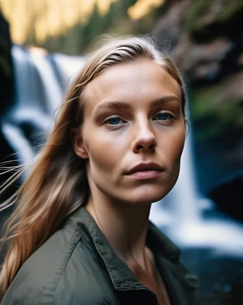 bright atmosphere, close up Photograph, film grain, pale cinematic, nordic woman looking at viewer, incredible nordic nature scene, waterfall background, natural features, realistic skin,natural texture skin, captured by DLSR 50mm