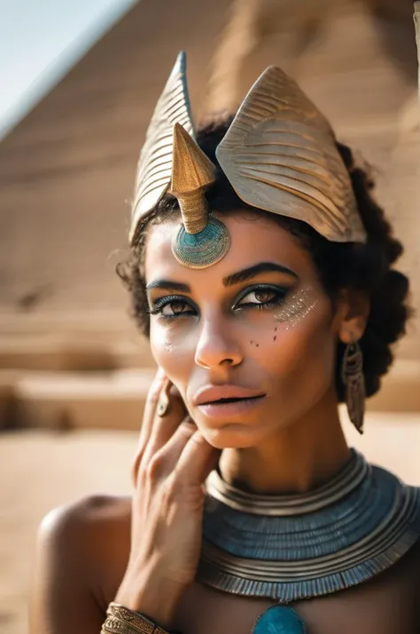 close up photo of an extraordinary environment with a egyptian woman of a fairy tale of another world, one hand on neck, look at the viewer mysterious, closed mouth, background of the pyramid, detailed eyes, pointing the viewer, realistic skin with dimples and less freckles
