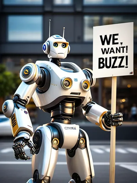 professional photography of a civitAI (robot) on strike, fist in the air, holding a sign saying (WE WANT BUZZ !:1.2), hyper detailed text, masterpiece, award winning art, ultra detailed, 8k resolution, excellent quality, natural lighting, fine details, 4k resolution, 35mm photograph, film, 0001SRGoodPictureV3, <lora:XL-add-detail-xl:0.3> <lora:xl_more_art-full_v1:0.2>