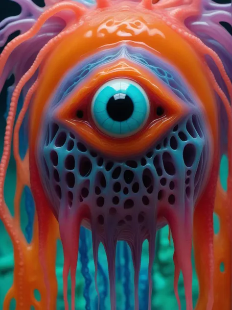 award winning photo of a tessellated melting dripping eyeball community, fused with a neon green-blue-orange-purple-pink-red-aqua spaghettified jellyfish <lora:Haute_CoutureXL:1>