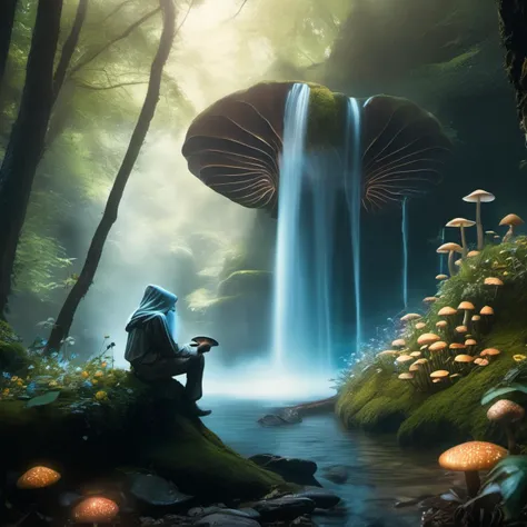 close up of an enormous extraterrestrial alien collecting Psilocybe cubensis mushrooms in an enchanted forest with waterfall, A wise old man with a white beard receives the water from the waterfall in his face, wisp, vines, flowers, roots, incorporeal form, magical energy.From the top of the inside of the mushrooms, come an immense number of small ((bioluminescent r g b)) robot bees which pollinate the surrounding colorful flowers.by Greg Rutkowski and Frank Frazetta. trending on ArtStation HD 8k highly detailed digital art (2d matte illustration conceptart asset design contest winner cg society hq intricate detail 4K UHD image medium body 3D octane render ultra high quality realism painting realistic volumetric been of lighting super fluffy white background blender mucha style cinematic photo-realistic shadows perfect symmetry <lora:DreamARTSDXL:0.3>