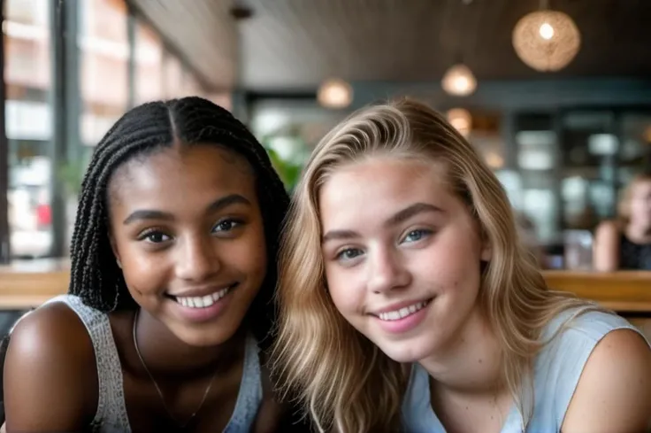 photograph of two young women smile sit intimately in a cafe. One woman european, with striking hazel eyes and with one rose in her hair,while her companion is an African with piercing blue eyes and a top charisma.