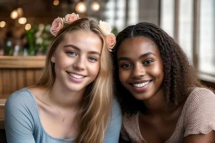 photograph of two young women smile sit intimately in a cafe. One european woman with blue eyes (and with a big rose flower in her hair), while her companion is an african woman with piercing brown eyes and a top charisma. film grain, 8k, hdr, realistic, rose flower