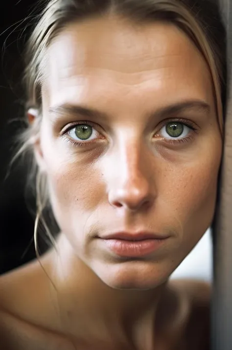 analog style, portrait photo of a beautiful swedish girl, who looks at you in a Demandingly way with two beautiful green eyes She is naked and the image was taken in close-up, imperfect face,