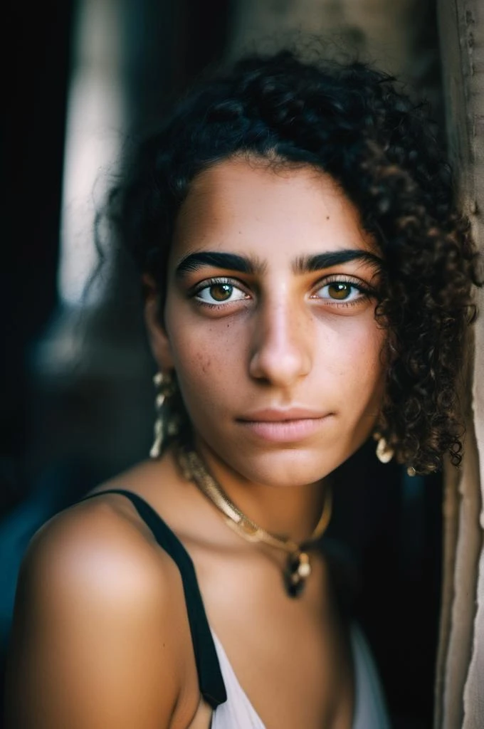 analog style, portrait photo of a beautiful egyptian girl, who looks at you in a Demandingly way with two beautiful bright brown eyes She is naked and the image was taken in close-up, imperfect face,