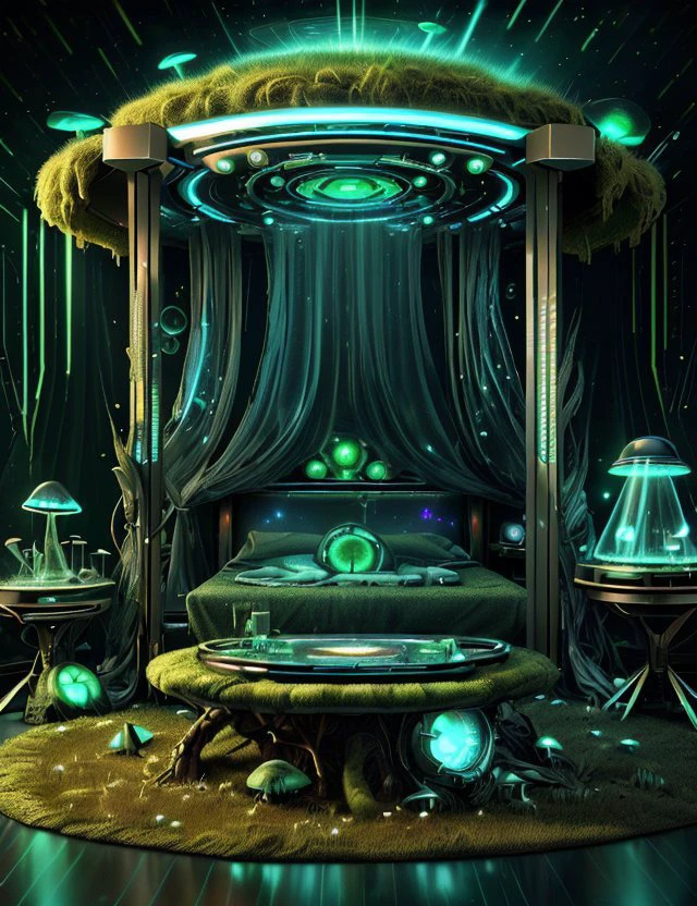 <lora:ExoBioTech:1.0> exobiotech Alien Abduction Research Chamber, Nightstand,Mattress, Luxury Vinyl Tiles, Bonfire, Strobe Lights, Cyber-occultism, sci-fi