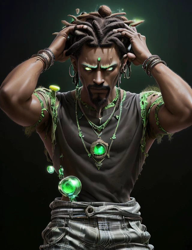 <lora:ExoBioTech:1.0> exobiotech male Senior Toned, Afro-Caribbean, Emerald eyes, Angular Jaw, Prominent Cheeks, Angular Forehead, Square face shape with Angular Jaw, Slender Waist, Five O'Clock Shadow , Light Black (Soft Black) Box braids hair, Insecurity, wearing Lace Toile Plaid trousers, Light brown Geometric Mock neck T-shirt, Suede loafers, Beanie, and, Hands on the forehead, displaying fatigue or exhaustion