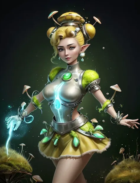 <lora:ExoBioTech:1.0> exobiotech female Ageless, Builky, Central Asian, Honey eyes, Round Ears, Curved Nose, Cleft Chin, Soft Jaw, Unique Cheeks, Pear face shape, Sculpted Quadriceps, , Silver Blonde Beehive hairstyle hair, Skepticism wearing Scallop Felt Yellow Flare skort, Halterneck blouse, Boots, , and, Arms outstretched, inviting an embrace